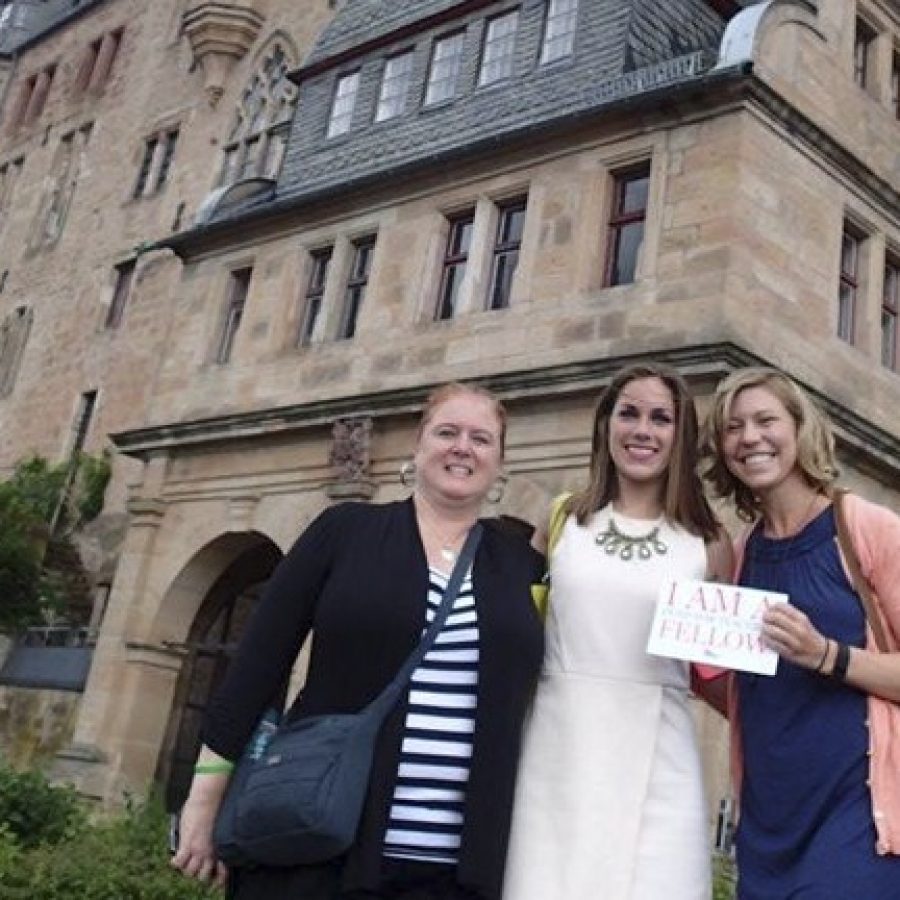 Beasley Elementary School third-grade teachers visited Cinderellas Castle, Landgrafenschloss in Marburg, Germany, as part of a grant-funded trip to Europe last summer to study the origins of fairytales. Pictured, from left, are: Shannon Weber, Jennifer Bayer and Jenna Krueger.