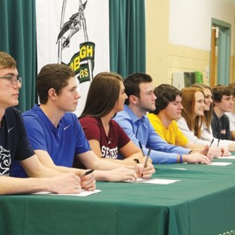 Lindbergh High School student-athletes headed to college play, from left, are: Matthew Amick, Jake Branham, Taylor Bresnan, Jaron Heller, Cameron Killian, Erin McGhee, Amy ONeal, PJ Schappert and Meredith Weik.