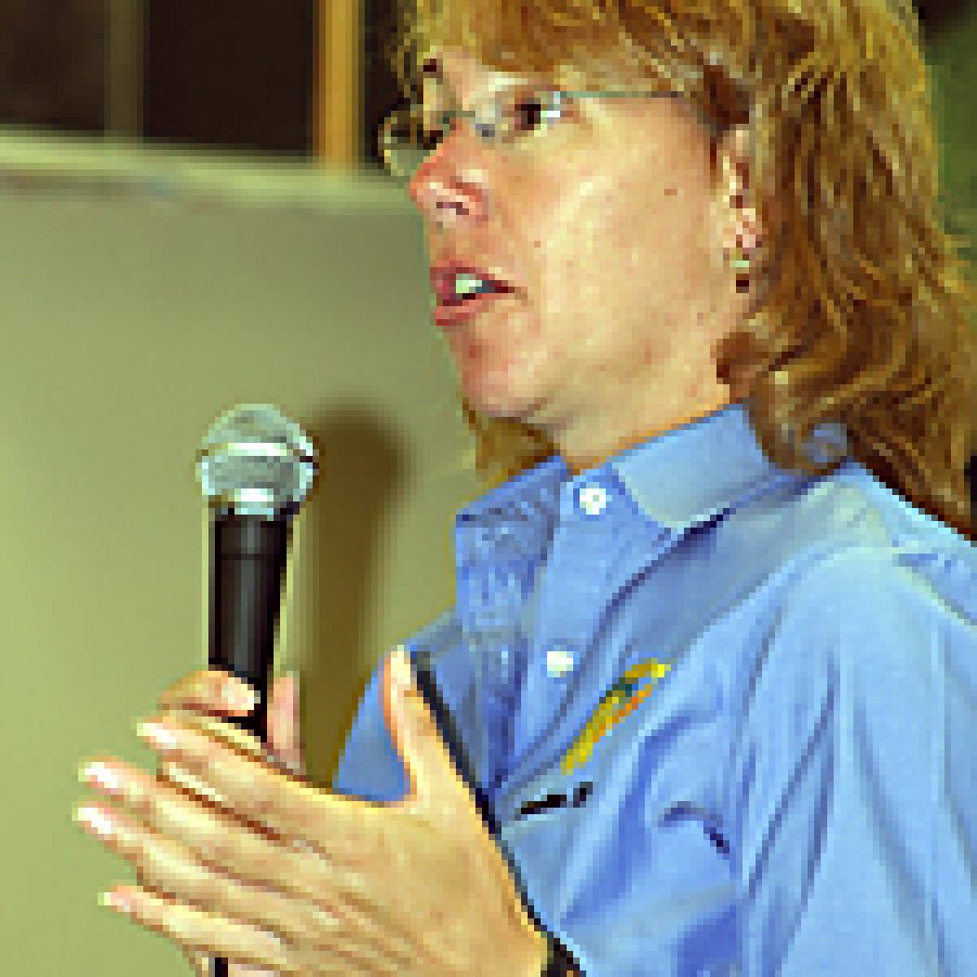 NASA astronaut Sandra Magnus addresses the crowd at Truman Elementary School last week. William Cooke photo