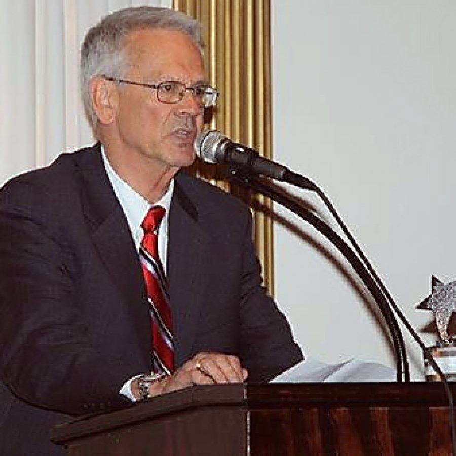 Retired Beasley Elementary School Principal Jim Schibig addresses the crowd last week at the 31st annual Mehlville Recognition Night after being presented the school districts highest honor — the Distinguished Service Award.