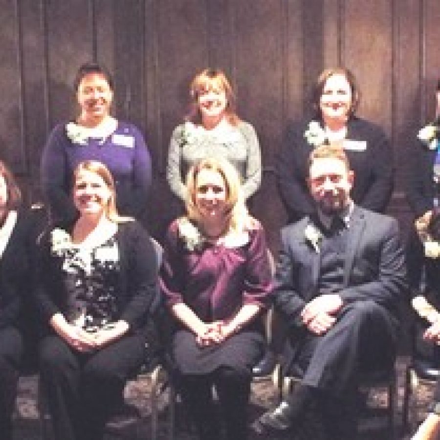 Exceptional Educators honored by the Affton Chamber of Commerce, front row, from left, are: Katie Lorentz, St. Dominic Savio School; Kristina Pluff, Mesnier Elementary School, Eryn Krobath, Holy Cross Academy-Our Lady of Providence Campus; Brian Jennings, Affton High School; and Adrienne Wemhoener, Gotsch Intermediate School. Back row, from left, are: Stacie Martin, Rogers Middle School; Teresa Darr, Dressel School; Amy Ruzicka, Bayless Middle School; and Suzanne Meade, Bayless Elementary School. Not pictured is Huso Korkaric, Bayless High School. 