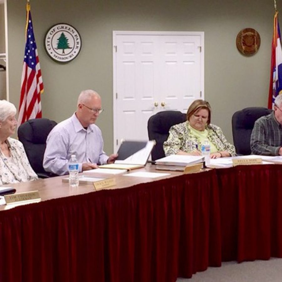 Green Park Ward 1 Alderman Michael Broughton, second from left, takes his seat after being sworn into office in April. Also pictured, from left, is former Alderman Jackie Wilson, City Administrator Zella Pope and Mayor Bob Reinagel.