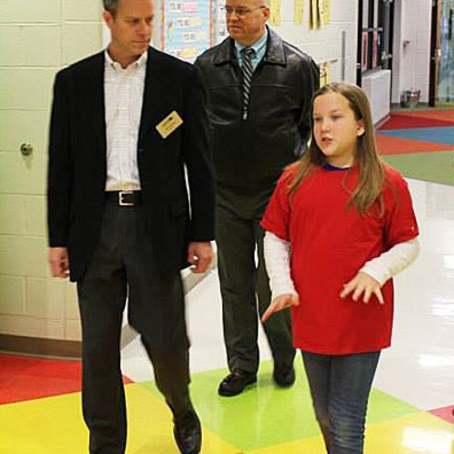 In 2013, then-Crestwood Mayor Jeff Schlink, left, and City Administrator Mark Sime visited the three Lindbergh schools in Crestwood: Crestwood Elementary, Long Elementary and Truman Middle. Led by student ambassadors, the tour was an excellent chance for students to ask questions of the mayor, and share with him some of the projects they are working on in school.