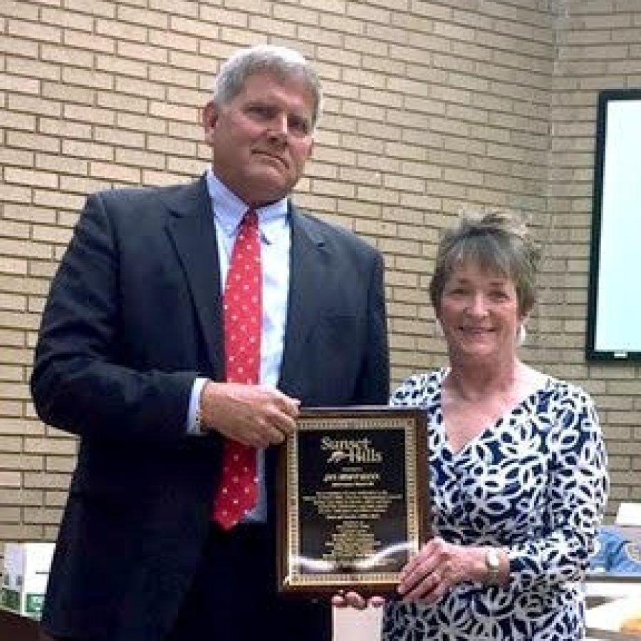 Mayor Mark Furrer, left, giving a plaque of recognition to former Ward 3 Alderman Jan Hoffmann when she stepped down from the board April 28.