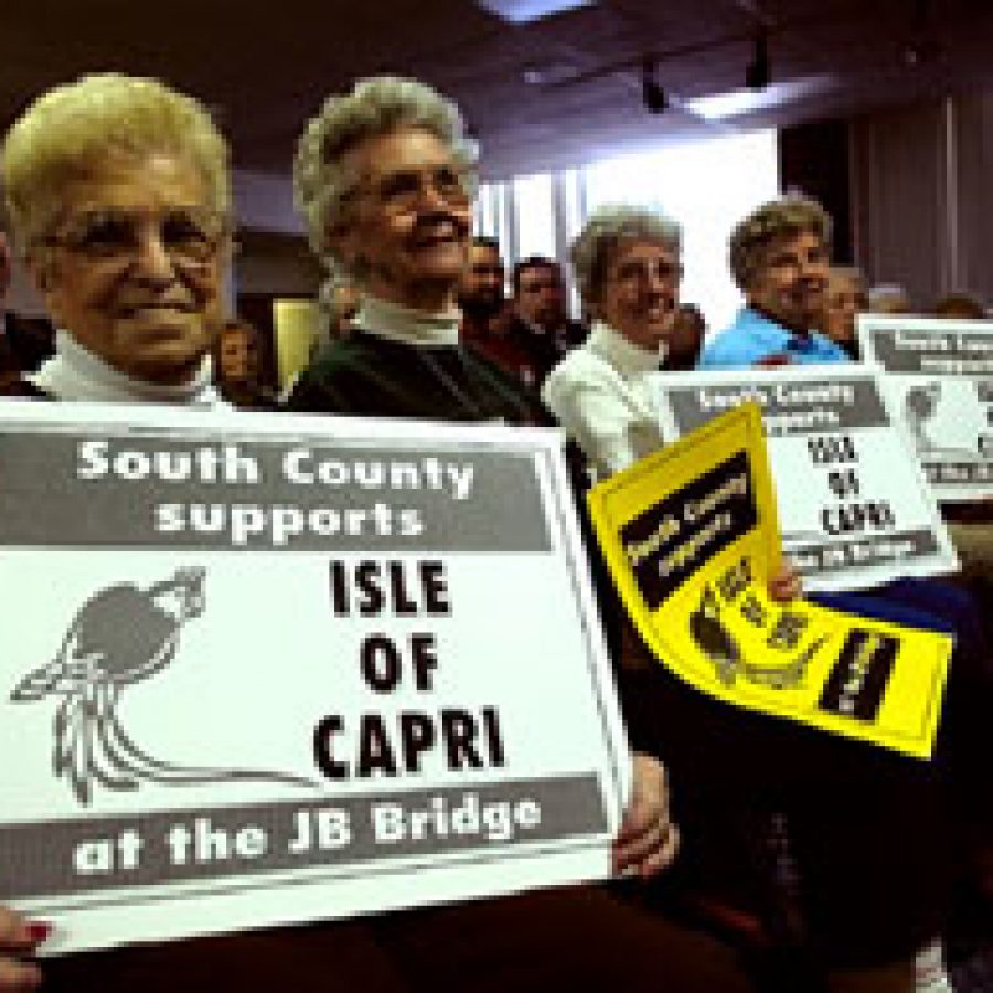 Dozens of south county residents attended the Missouri Gaming Commissions March 31 meeting at the University of Missouri- St. Louis campus to make known their support for Isle of Capris proposal. Pictured, from left, are: Lily Vitale of Oakville, Edith Blaho of Oakville, Hazel Zeiter of Lemay and Sylvia Fogarty of Oakville.
Bill Milligan photo 