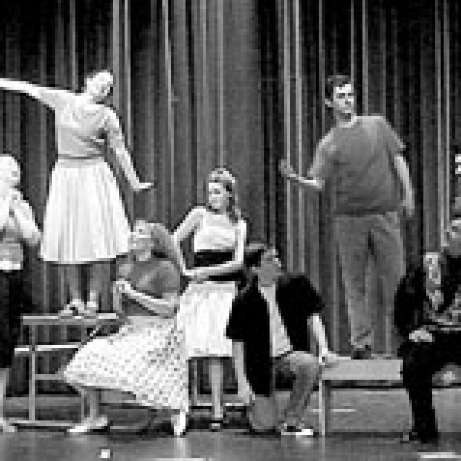 Its a blast from the past as the stage at Lindbergh High School travels back to 1959 for a presentation of Grease. Pictured, from left, are: Pink Ladies Kathleen Weber, Jessica Luttrell, Bryanne Stotler, Jennye Stirlen and Megan Powers, and Burger Palace guys Justin Krutewicz, Josh Heffernan, Vince Gordon, Nathan Civili and Tim Sanchez.