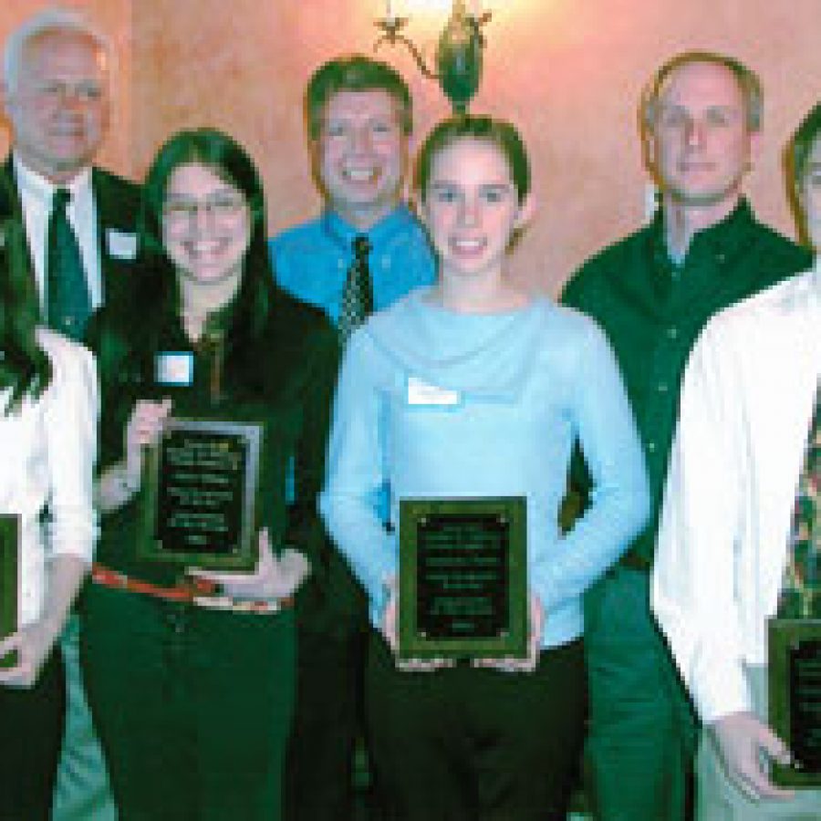 Young Entrepreneurs of the Year honored by the Green Park Chamber of Commerce, front row, from left, are: Sarah Berman, Emily Dahmer, Katie Poulin and Chase Niewoehner. Back row, from left, are: chamber Vice President Larry Callahan of DiSalvos Jeep/Chrysler/Plymouth; chamber President Jim Smoot of Fantasy Coachworks and Green Park Mayor Steve Armstrong.