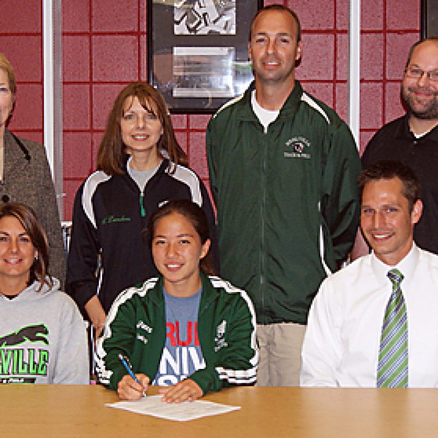 Mehlville High School senior Hannah Sebold signs a letter of intent to continue her track and cross country careers at Drury University this fall. Pictured front row, from left, are: MHS Girls Cross Country coach Shannon Hyde, Sebold and MHS Boys Cross Country coach Dustin Pierce. Pictured back row, from left, are: MHS Principal Dr. Denise Swanger, MHS Asst. Principal Alicia Landers, MHS Girls Track coach Chris Cook and MHS Athletic Director Bob Kern