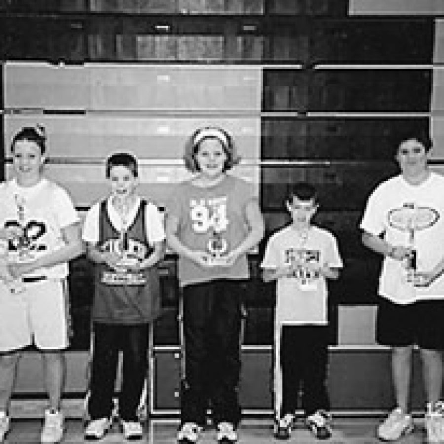 Winners of the Oakville Elks Hoop Shoot contest, from left, are: Rebecca Hern, girls 12- and 13-year-old division; Michael Musielak, boys 12- and 13-year-old division; Brittany Clavin, girls 10- and 11-year-old division; Ryan Strohm, boys 8- and 9-year-old division; and Mickey Summers, boys 10- and 11-year-old division.