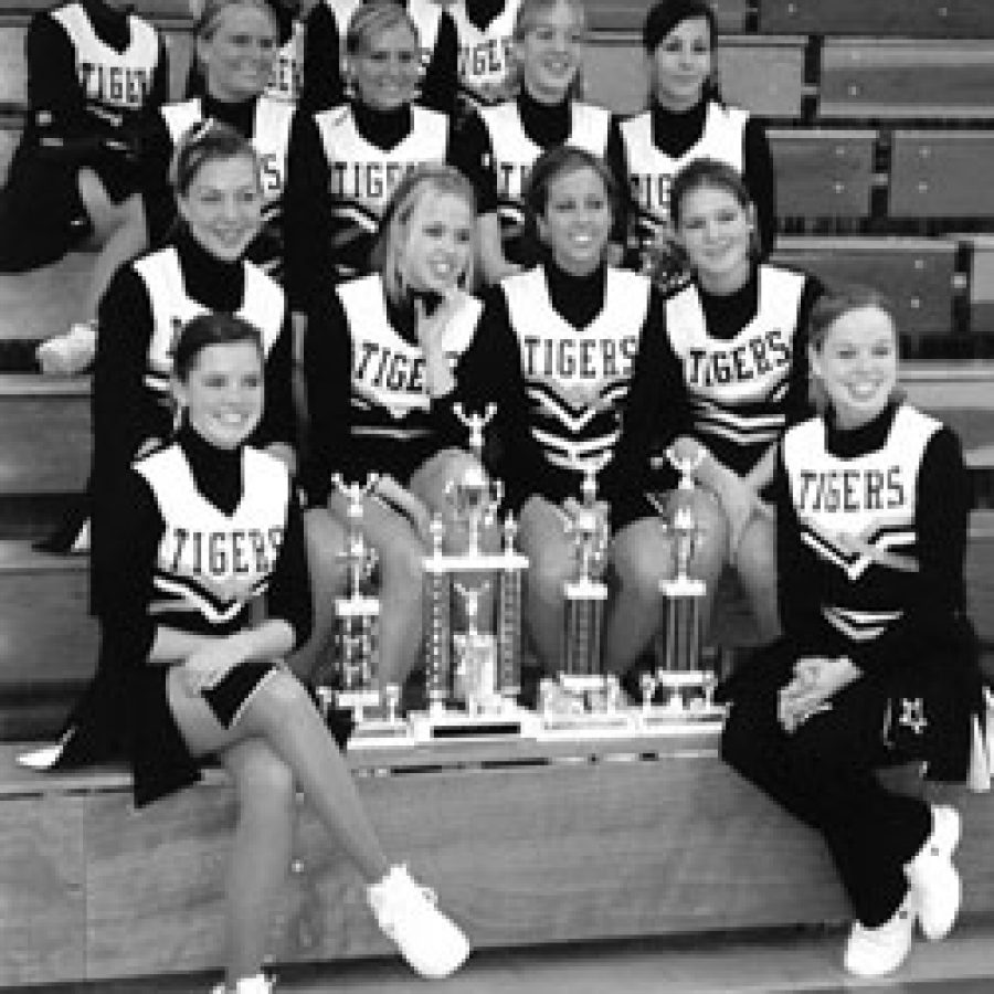 Members of the Oakville Junior Varsity Hockey Cheerleading Team, first row, from left, are: Caitlin Will and Spirit Captain Amanda Schilli. Second row, from left, are: Sarah Reis, Captain Alyssa Smith, Co-Captain Heather Thomas and Co-Captain Jen Figge. Third row, from left, are: Lindsay Thoele, Jessica DiCandia, Courtney Gallegher and Angela Arizpe. Fourth row, from left, are: Rachael Karadja, Kayla French, Sarah Sholler and Ashley Sherrill.