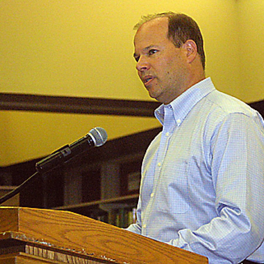 Former Mehlville Board of Education President Ken Leach tells the current board that a 94-cent tax-rate increase has the same odds of passing as a lottery winner getting struck by lightning. The board voted 6-0 last week to place an 88-cent tax-rate increase on the November ballot. Bill Milligan photo