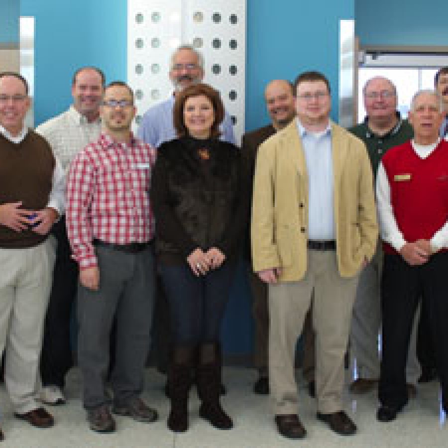 Attendees at the annual Lindbergh Schools clergy breakfast, back row, from left, are: Jim Simpson, superintendent; the Rev. David Mehl, St. Lucas United Church of Christ; Scott Joggerst and Pastor Kevin Pratt, Southgate Church; Pastor Lance Long, First Baptist Church of Crestwood; Pastor Joseph Marting, Southminster Presbyterian; school board member Mark Rudoff; and school board President Vic Lenz. Front row, from left, are: school board member Vicki Englund; Pastor John Childers and Troy Allison, South County Baptist Church; Tina Van Hoogstraat, Crestwood Christian Church; the Rev. Josh Anderson, Providence Reformed Presbyterian; board Secretary Don Bee; and Lindbergh Schools Intervention Counselor Carol Sosa.