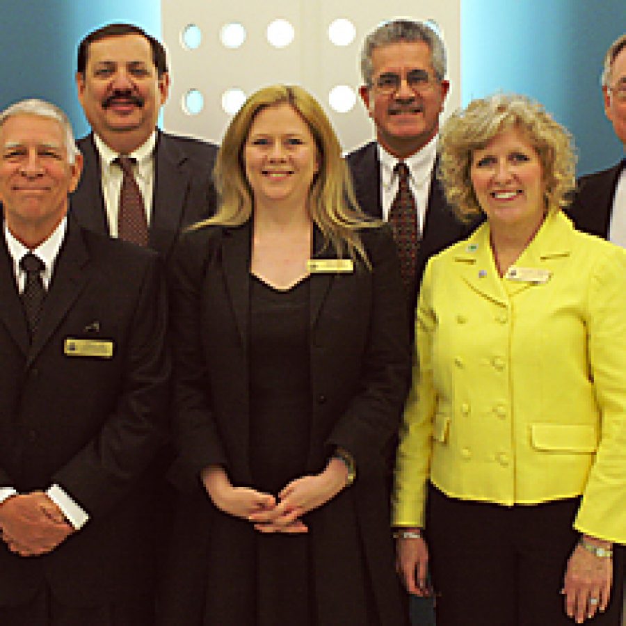 The Lindbergh Board of Education last week seated new and returning board members and elected officers. Pictured, front row, from left, are: Secretary Don Bee, Treasurer Kara Gotsch and Vice President Kathy Kienstra. Back row, from left, are: Vicki Lorenz Englund, Mark Rudoff, Ken Fey and President Vic Lenz.