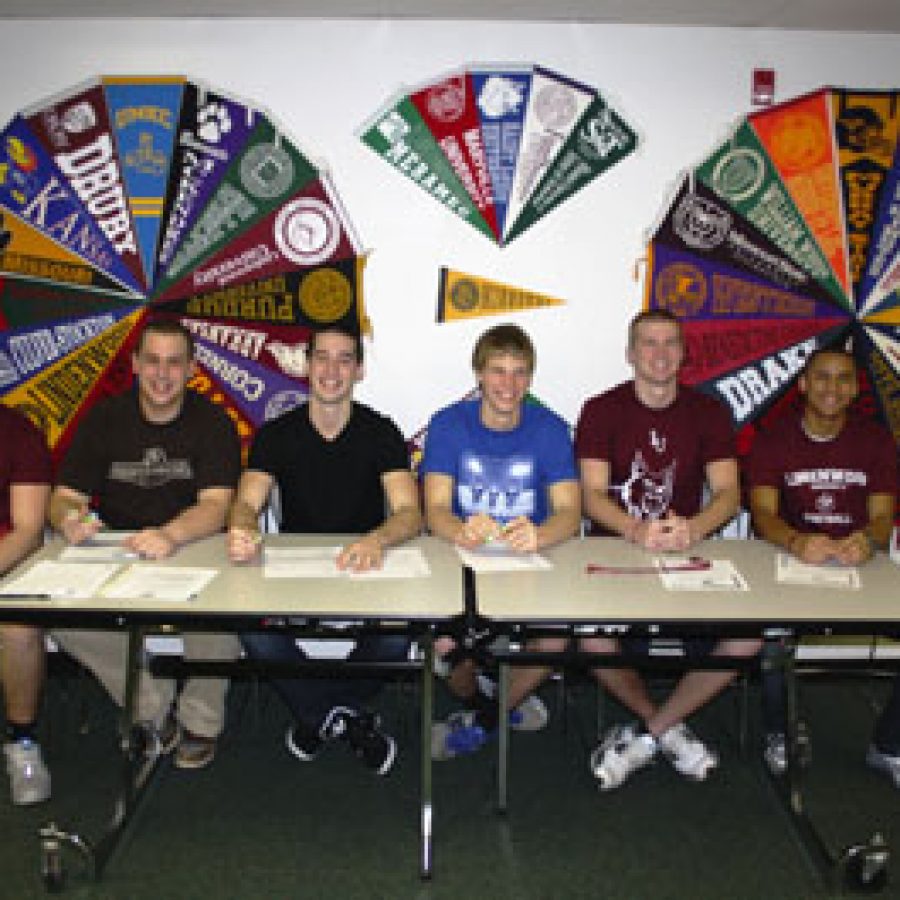 Lindbergh High School head football coach Tom Beauchamp is excited for his senior class, six of whom have signed letters of intent to play college football. They include, from left, Christopher Kew, Sam Rohr, Peter Simpson, Blake Beauchamp, Connor Jones and Ryan Woodland.