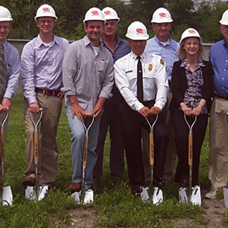 Breaking ground for the new No. 4 firehouse, from left, are: Lance Woelfel of Archimages, Brett Foley of Diestelkamp Construction, board Chairman Aaron Hilmer, Bob Diestelkamp, Chief Tim White, Doug Diestelkamp, board Treasurer Bonnie Stegman and board Secretary Ed Ryan. Mike Anthony photo