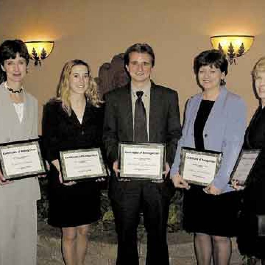 Mehlville School District teachers honored by the Lemay Chamber of Commerce as Outstanding Educators, from left, are: Karen Schmiel, Laura Shreve, Mike Szydlowski, Linda Woodrome and Mary Widitz.