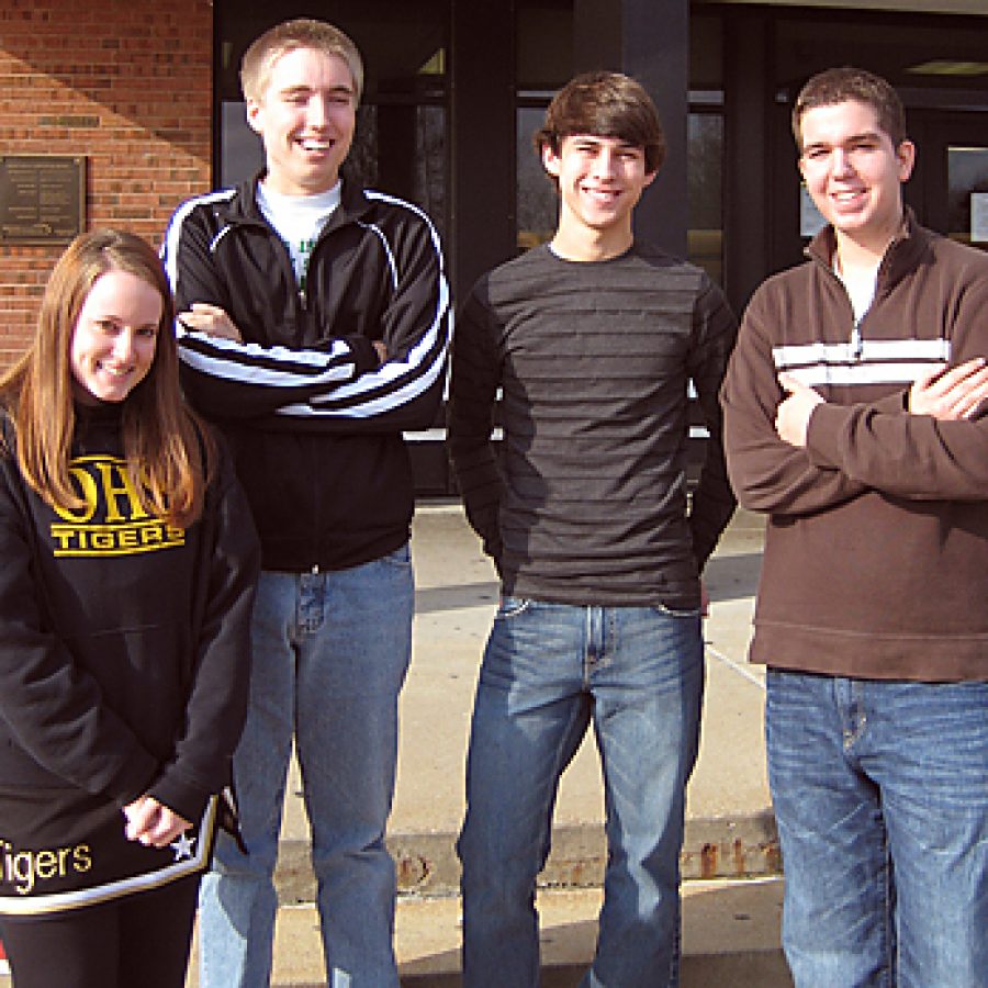 The work of Oakville High seniors, from left, Amy Albritton, Steven Trebus, Joel Berntsen and Jason Metropoulos earned awards at the Journalism Education Associations Fall National High School Journalism Convention. Also receiving awards were senior Katie Kennedy and junior Evyn Johnson, not pictured.