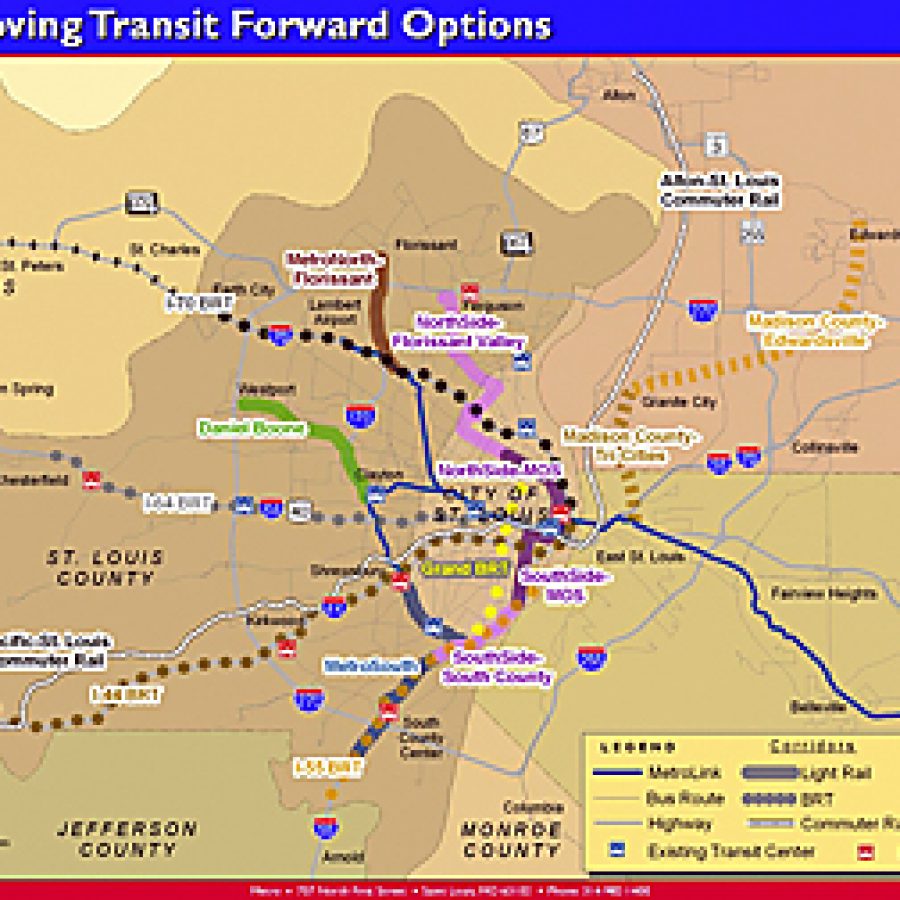 The Metro transit agencys long-range vision for public transportation includes light-rail, rapid-bus and commuter rail options for the St. Louis area. Image from Metro presentation