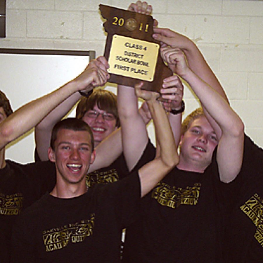 The five members of the Oakville Senior High School Academic Quiz Bowl Team, from left, senior Justin Bayer, senior Mark Richter, junior Brandon Daake, freshman Andrew Ludwig and freshman Mark Menkhus, went undefeated at the District competition held on April 9, winning each of their five rounds at the competition. Richter and Daake also won individual medals at the event for placing second and fourth, respectively.