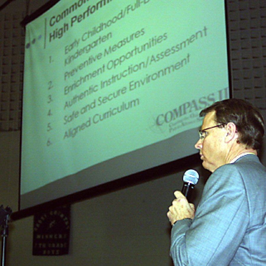 Mehlville Superintendent Terry Noble discusses the common characteristics of high-performing school districts during last weeks kickoff COMPASS II community engagement session. Bill Milligan photo