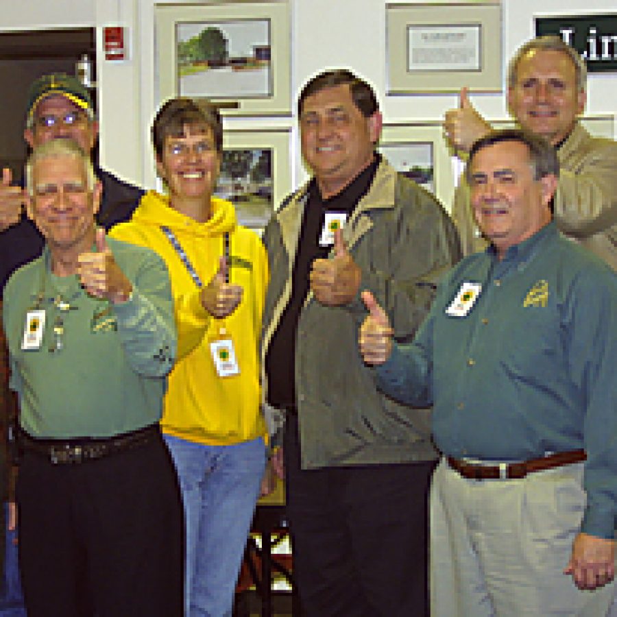 Celebrating the passage of Lindberghs Prop L on Nov. 2, from left, are: Assistant Superintendent Rick Francis, Assistant Superintendent Nancy Rathjen, board President Ken Fey, board member Don Bee, Yes on Prop L Co-chair Leslie Weiss, board member Larry McIntosh, Chief Financial Officer Pat Lanane, Superintendent Jim Simpson and board Vice President Vic Lenz. Bill Milligan photo