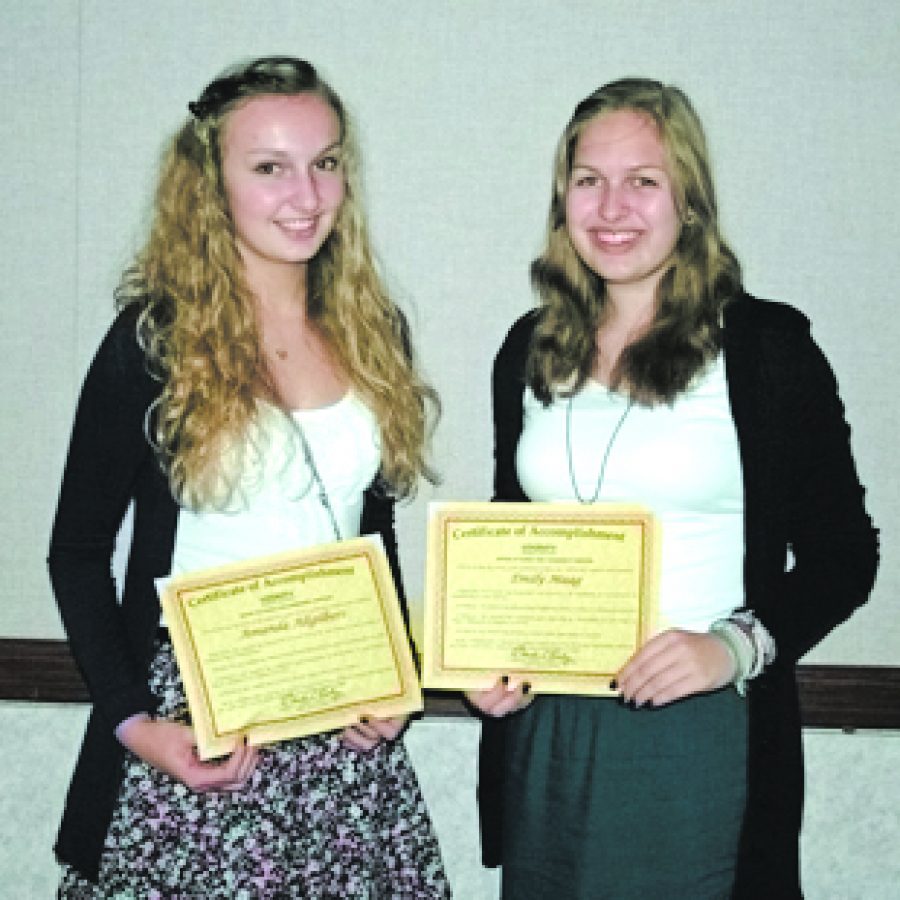 Mehlville High School senior Amanda Altgilbers, left, and Oakville High School senior Emily Maag were recognized as 2011 Outstanding Student Leaders by the St. Louis County Department of Human Services' Office of Family and Community Services at a special ceremony  on Tuesday, Sept. 20.